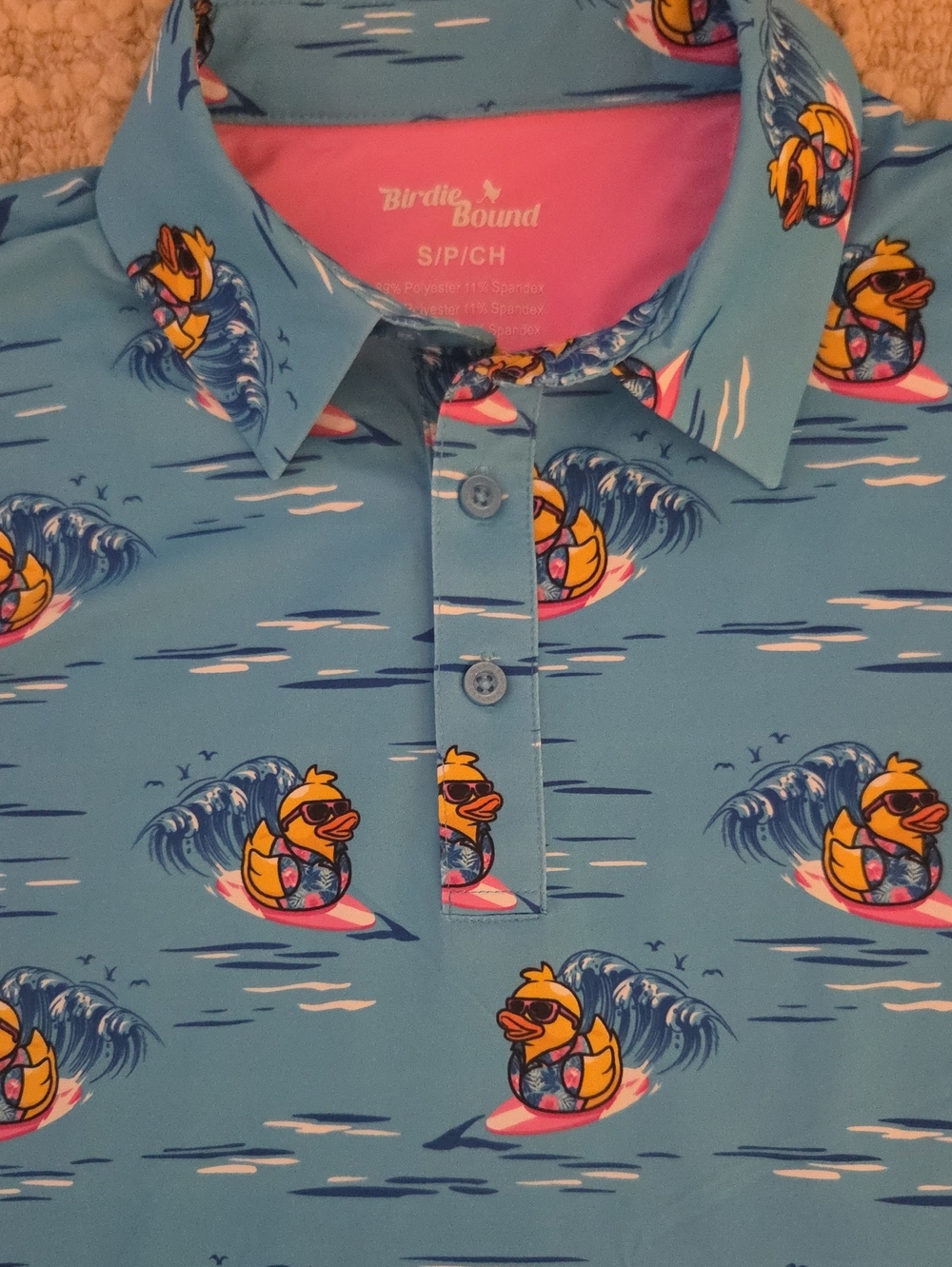NWOT Birdie Bound Surfing Rubber Duck Performance Golf Polo S